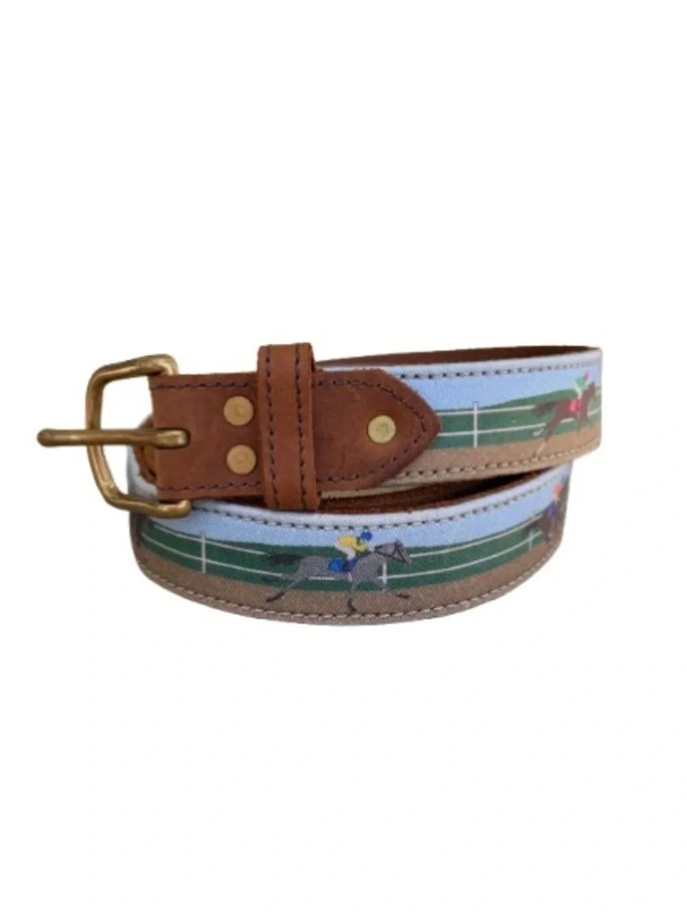 Clayton & Crume Men's Brown Leather Racing Print Belt Size 40 Derby Horses EUC